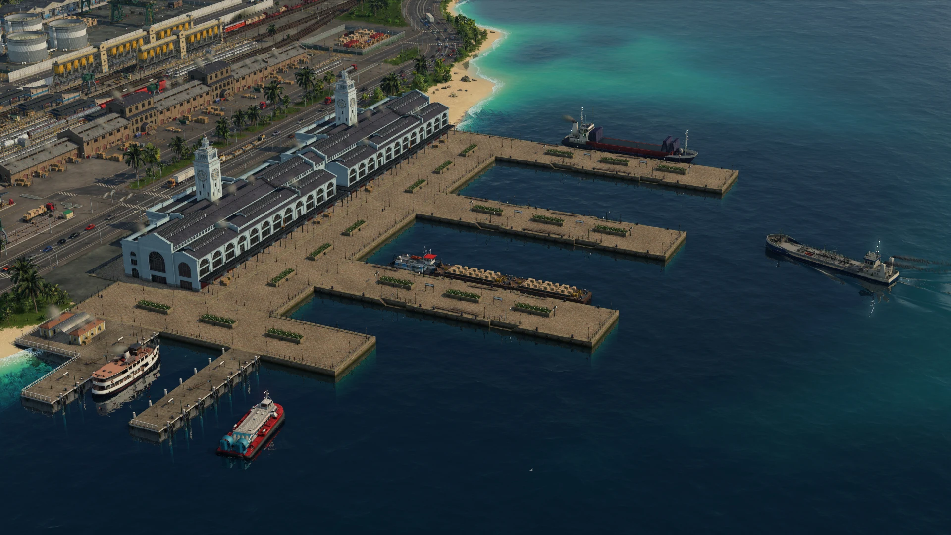 Tropical harbor with cargo ships, freight yard and turquoise water — official TF3 press kit